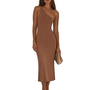 Enza Costa Dress Ribbed One Shoulder Maxi Length Size XS Hot Cocoa Designer